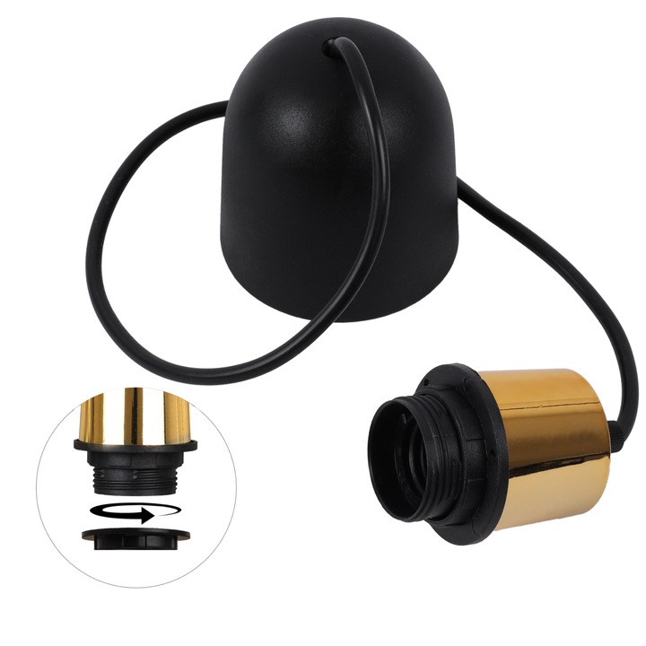 Cablu adaptor, Light Home, E27, 230 V, IP 20, Suport carlig, Universal, Lungime 100 cm, Latime 50 mm, Cupa, Negru, Aur