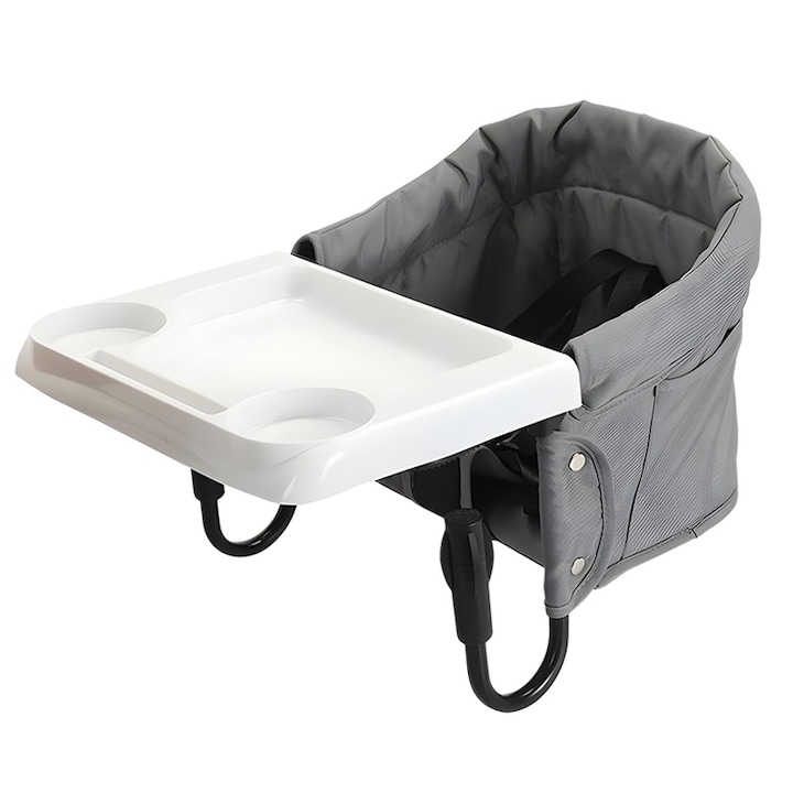 Детско столче за хранене, Momcbebe, тип clip-on, устойчив материал, 42x38x31 см, сив, с подвижна табла, за възраст 6-36 месеца