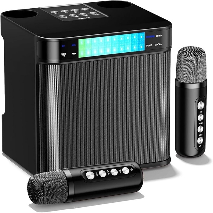 Bluetooth караоке аудио система, 2 безжични микрофона, висококачествени високоговорители, множество звукови ефекти, висока мощност, независим чип