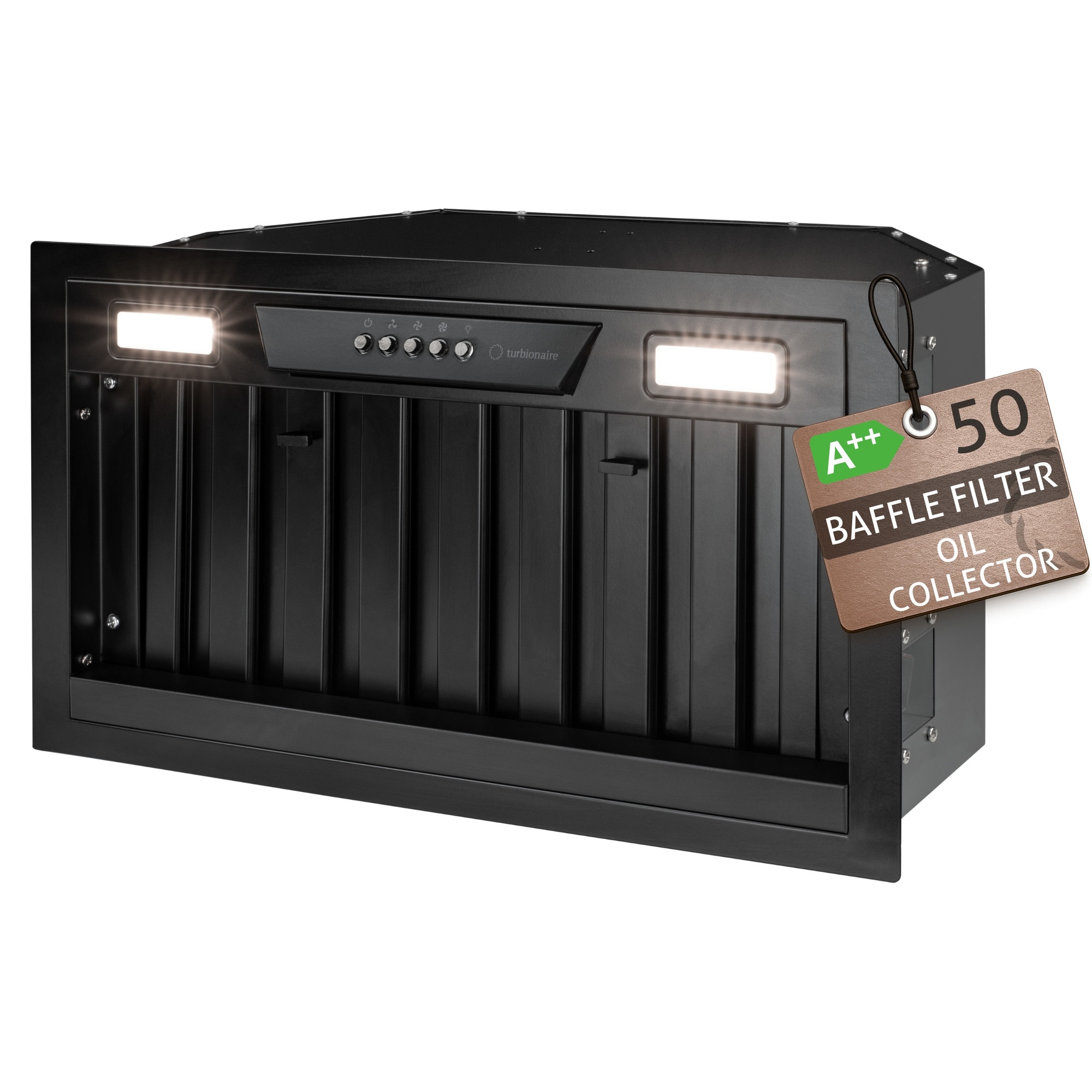 Hota incorporabila Turbionaire Chef 50 Pro Black THC50BPB, Motor Brushless 800 mc/h, Clasa energetica A++, Filtre Baffle Avansate negre, Colector de grasimi, Control electronic, Il