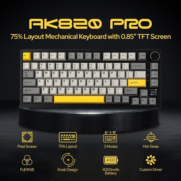 Безжична геймърска клавиатура Ajazz AK820 PRO, Сив, Wireless