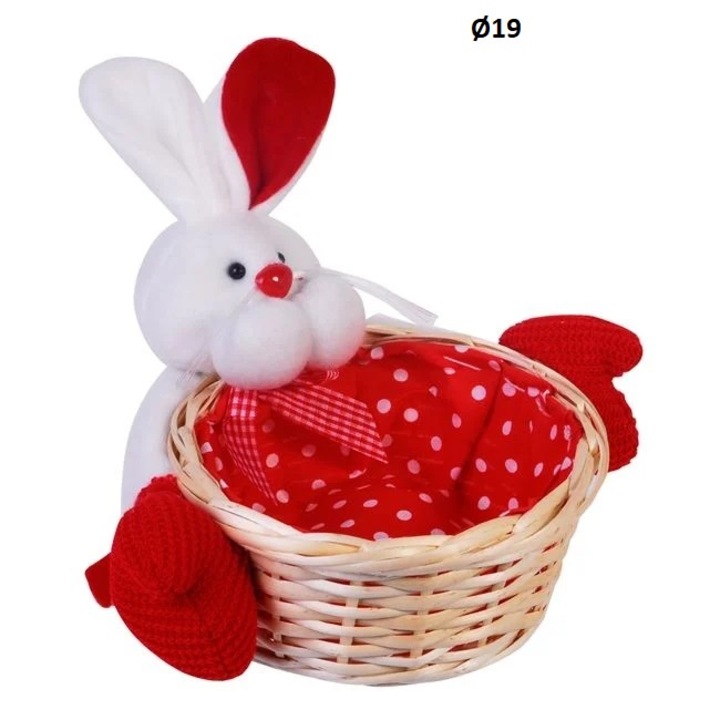 VENITIVO® Декоративна великденска кошница от слама с 3D заек, червено-бяла, 19 x 9 cm