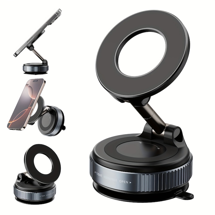 Suport magnetic pliabil super puternic pentru telefon mobil in masina, ventuza de vid care se roteste 360°, Universal pentru toate telefoanele mobile, Potrivit pentru masina/sala de gimnastica/oglinda/suprafata neteda, Se ofera inel ghid magnetic, negru