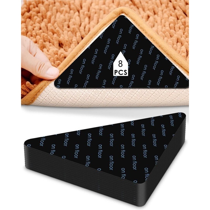 Banda adeziva pentru covoare, WEEBOPE, 8 bucati, reutilizabila, neagra, pentru podele din lemn si gresie