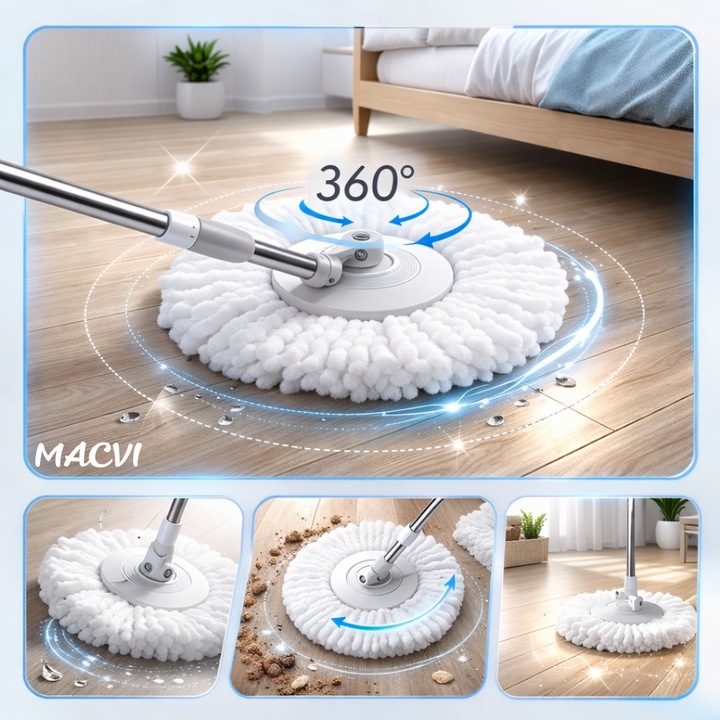 Set Mop Rotativ Macvi® cu Galeata Dubla, Actiune si 2 Rezerve Microfibra, Rotatie 360°, Sistem Stoarcere Automata, Coada Reglabila telescopica, Mop Profesional pentru Parchet, Gresie, Marmura, Alb Gri