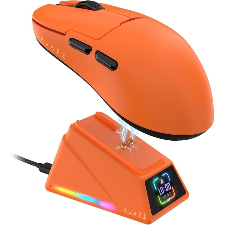AJ159 APEX Mouse fara fir AJAZZ ® Senzor PAW3950 cu raspuns rapid Mouse pentru jocuri cu baza de incarcare magnetica DPI42000 Baterie usoara de aproximativ 56g 400 mA Tri moduri Suport pentru mai multe sisteme Ideal pentru jocuri si birouri