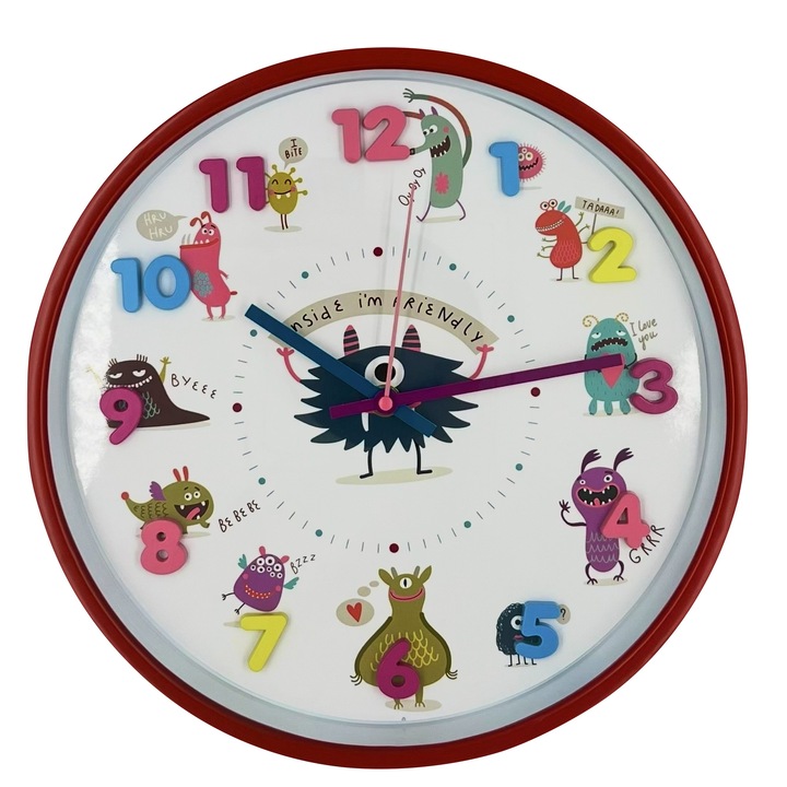 Ceas perete copii, Silentios, design Modern, ideal Camera Copilului, Rosu cu personaje, 30 cm x 4.4 cm