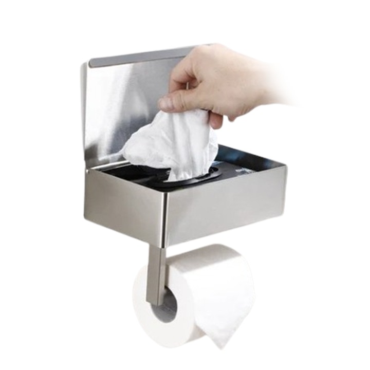 Suport Hartie Igienica Day Moon Designs, Compartiment pentru Servetele si Telefon – Inox, Montaj perete, Design Reversibil