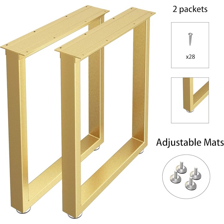 Set 2 Picioare Metalice pentru Masa, Profil Lat, Vopsire in Camp Electrostatic, FInisaje Premium, Metal Auriu, 72 x 50 x 10.5 cm