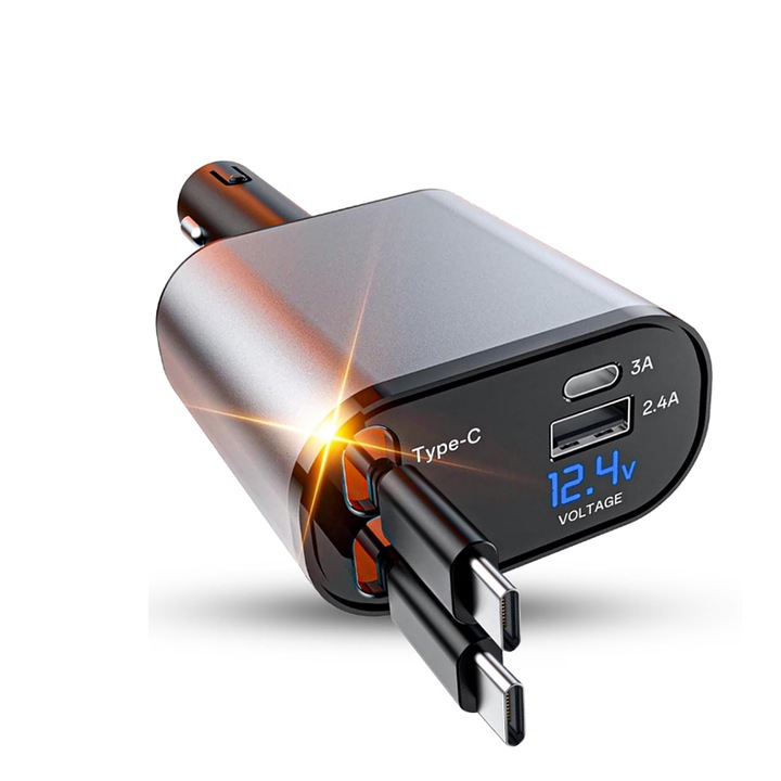 4 az 1-ben autós töltő, BOMSTOM, visszahúzható kábel, 120 W, szürke, 80 cm