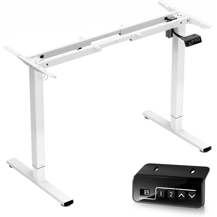 Egymotoros, állítható magasságú elektromos íróasztalkeret Home Office-hoz, Ergonomikus íróasztal ülő- és állófunkcióval, Munkaállomás, fehér
