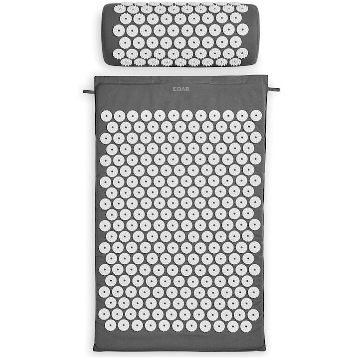 Акупресурен матрак и възглавница EDAR, Помага за стимулиране на мускулите, Подобрява кръвообращението, Облекчава стреса, Възстановяване след тренировка, Включена чанта за носене, Подвижен калъф, 62x38cm/35x12.5x9cm, Сиво