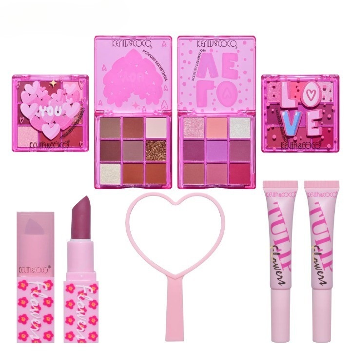 Set Machiaj Kevin & Coco, 22 Culori, 2 Palete Farduri, 2 Lip Gloss-uri, 2 Lip Stick-uri, Oglindă Inimioară, 15.7x21x4cm, Multicolor