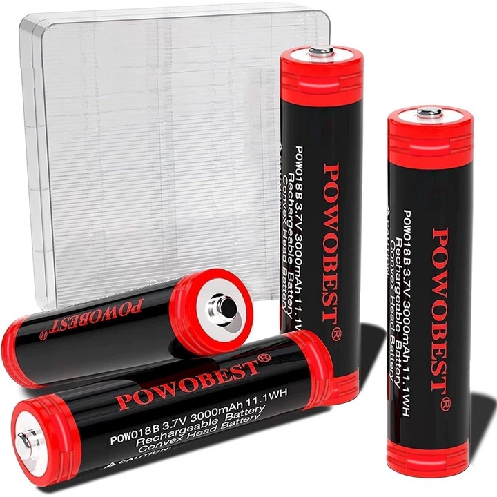 Set 4 baterii reincarcabile, Powobest, 3.7V, POWO18B, 3000mAh, negru/rosu