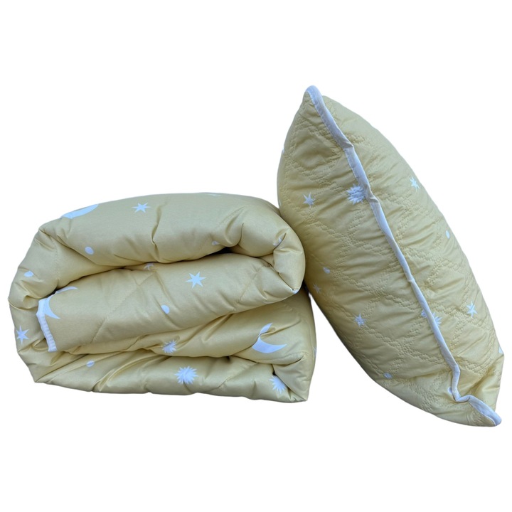 Csomag Steppelt paplan 140x200 cm és 1 párna 50x70 cm, Csillag és Hold minta, Sárga
