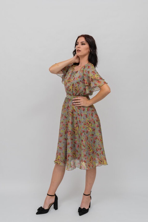 Дамска сива рокля с флорален принт