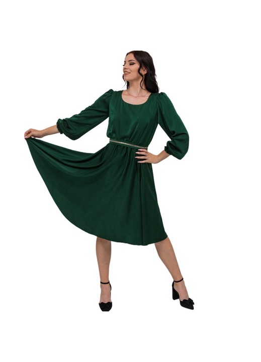 Зелена рокля, елегантна, дантела с камъчета