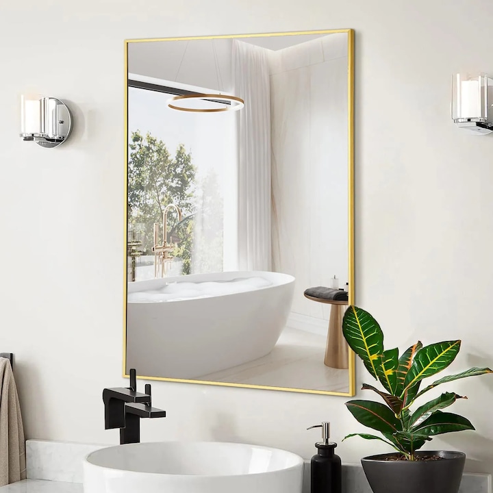 Стенно огледало Elindor® с метална рамка, 55x75 см, модерен дизайн, HD стъкло, хоризонтален или вертикален монтаж, устойчиво на ръжда, идеално за баня, всекидневна, спалня или коридор, златно