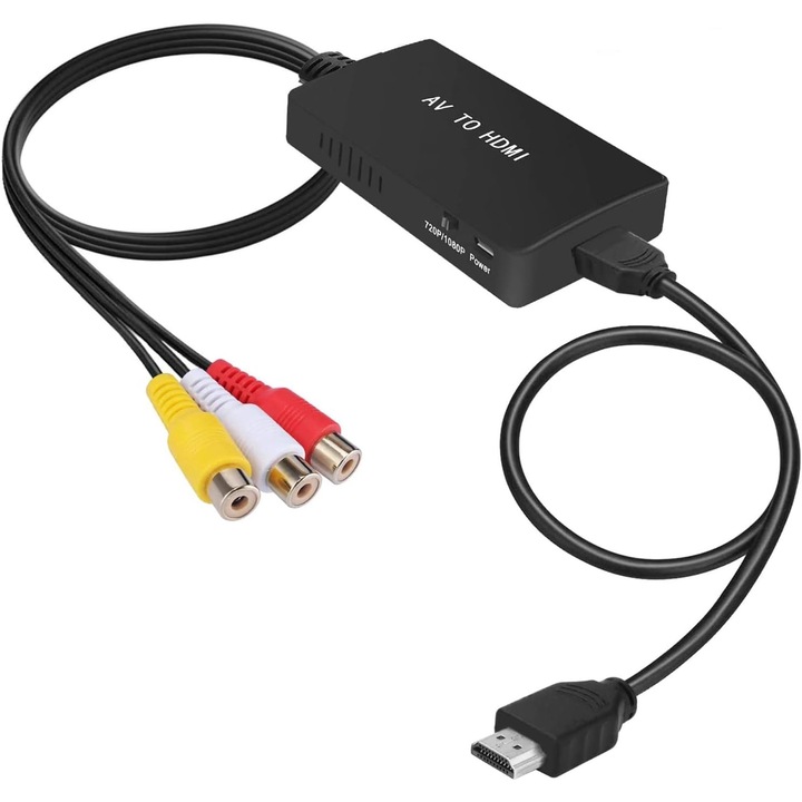 Adaptor convertor AV/RCA la HDMI, ABS, Full HD 1080P, Plug and Play, Cablu HDMI inclus, Negru