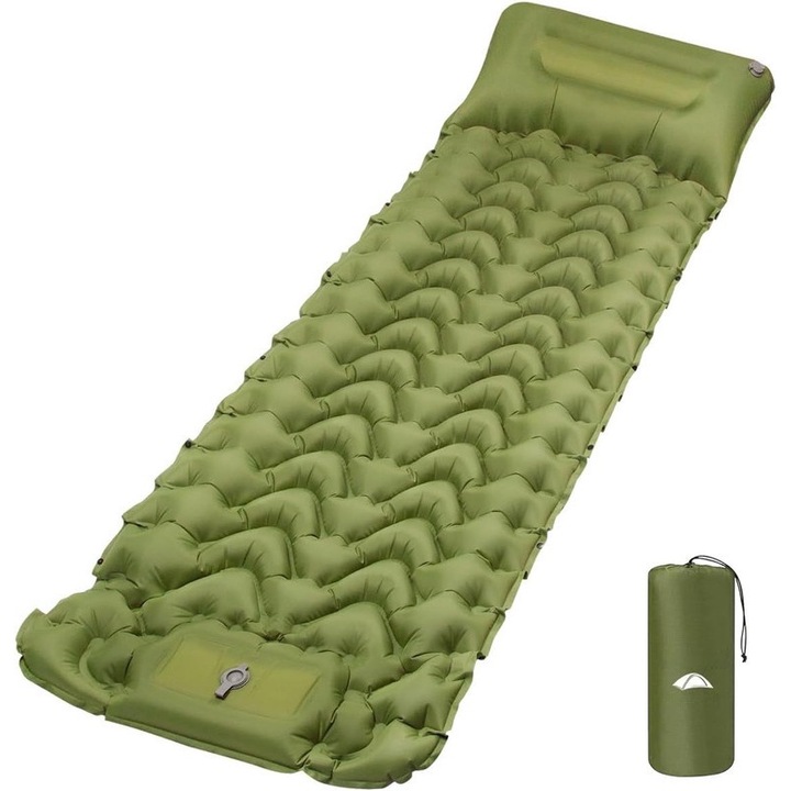 Самонадуваем дюшек за къмпинг, 193 x 68 x 8 cm, вградена помпа, водоустойчив, с облегалка за глава, удобен, влагоустойчив, чанта за носене, TPU, 190 x 58 x 7 cm, маслинено зелен