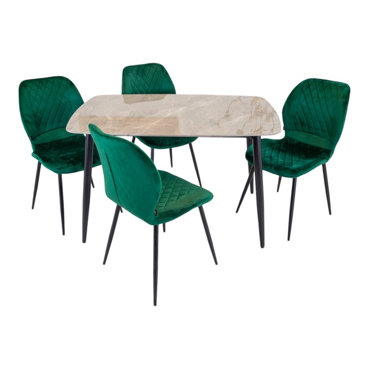 Set masa Viena cu 4 scaune Goteborg verde, DENVER, blat ceramica sintered stone gri, picioare negre, forma dreptunghiulara, 120×80 cm