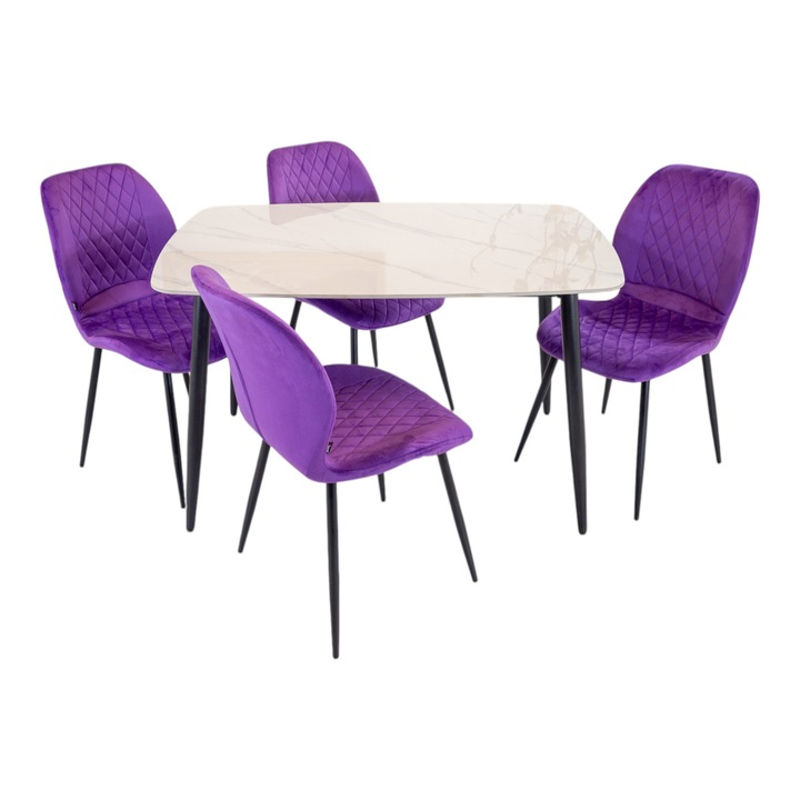 Set masa Viena cu 4 scaune Goteborg mov, DENVER, blat ceramica sintered stone alb, picioare negre, forma dreptunghiulara, 120×80 cm