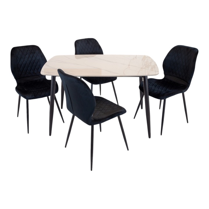 Set masa Viena cu 4 scaune Goteborg negru, DENVER, blat ceramica sintered stone alb, picioare negre, forma dreptunghiulara, 120×80 cm