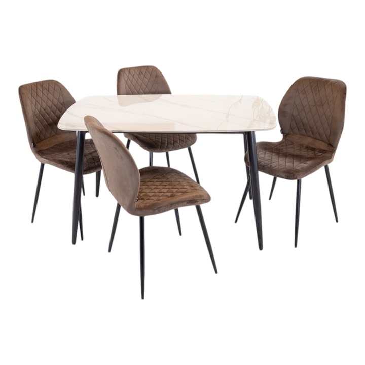 Set masa Viena cu 4 scaune Goteborg maro, DENVER, blat ceramica sintered stone alb, picioare negre, forma dreptunghiulara, 120×80 cm