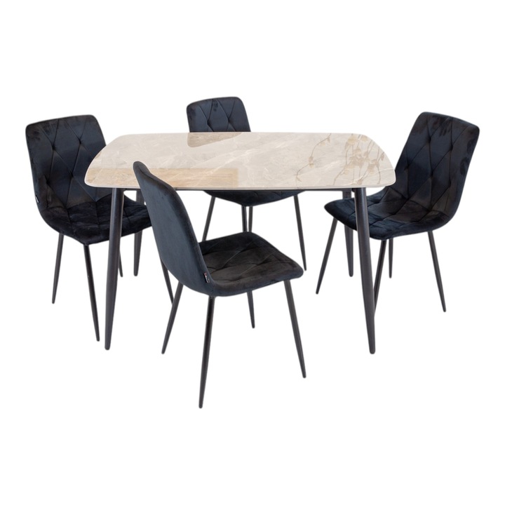 Set masa Viena cu 4 scaune Kobe negru, DENVER, blat ceramica sintered stone gri, picioare negre, forma dreptunghiulara, 120×80 cm