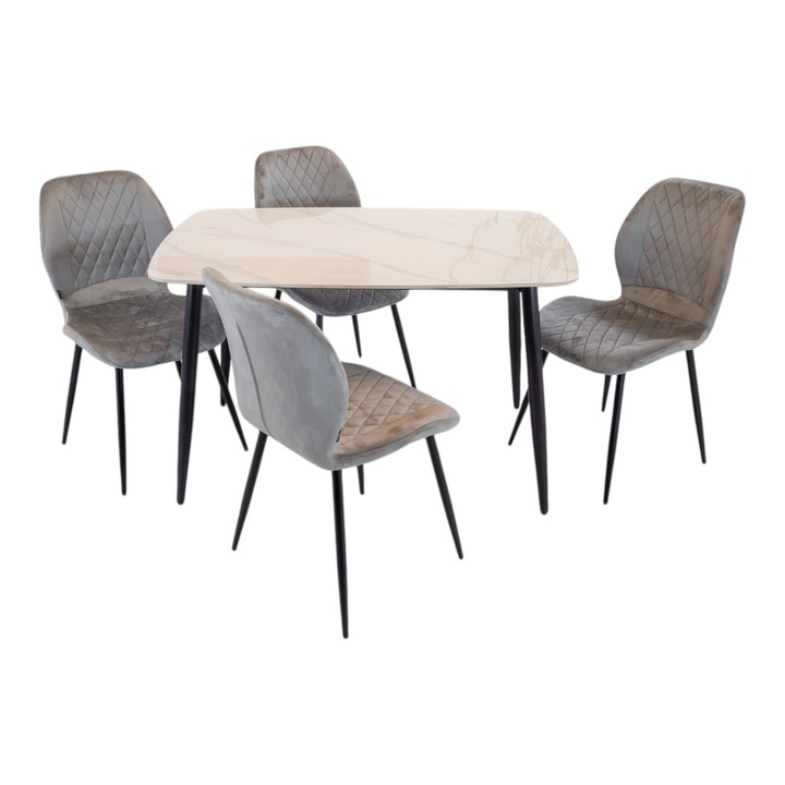 Set masa Viena cu 4 scaune Goteborg gri, DENVER, blat ceramica sintered stone alb, picioare negre, forma dreptunghiulara, 120×80 cm