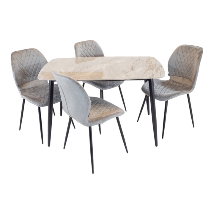 Set masa Viena cu 4 scaune Goteborg gri, DENVER, blat ceramica sintered stone gri, picioare negre, forma dreptunghiulara, 120×80 cm