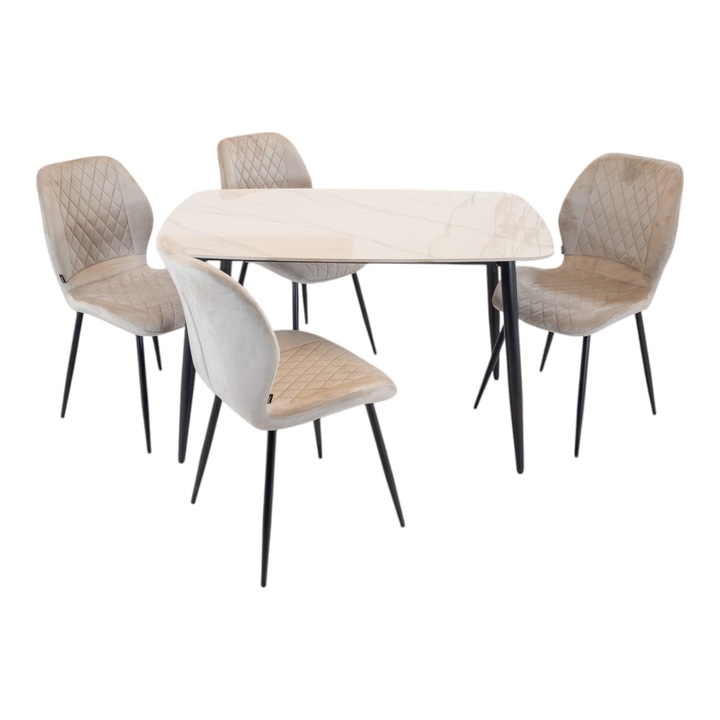 Set masa Viena cu 4 scaune Goteborg bej, DENVER, blat ceramica sintered stone alb, picioare negre, forma dreptunghiulara, 120×80 cm