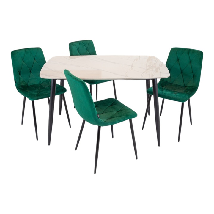 Set masa Viena cu 4 scaune Kobe verde, DENVER, blat ceramica sintered stone alb, picioare negre, forma dreptunghiulara, 120×80 cm