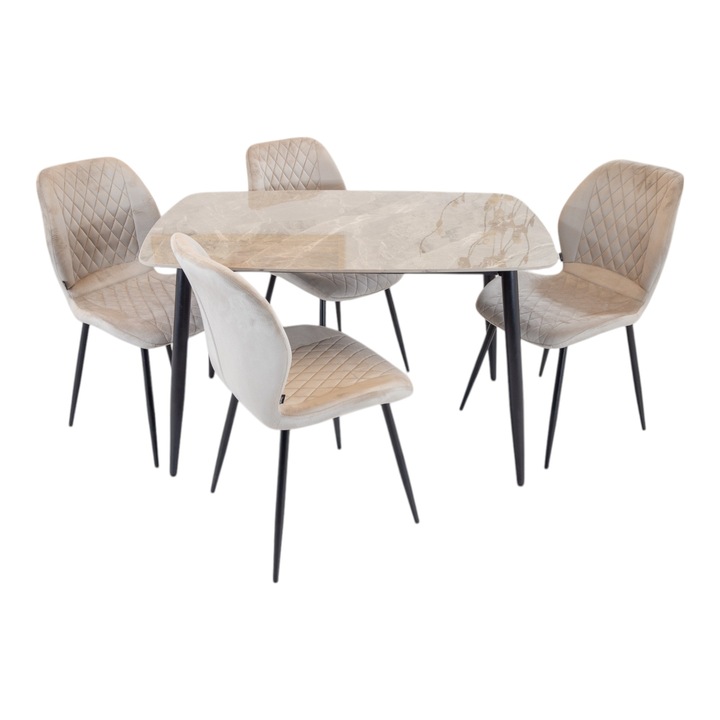 Set masa Viena cu 4 scaune Goteborg bej, DENVER, blat ceramica sintered stone gri, picioare negre, forma dreptunghiulara, 120×80 cm