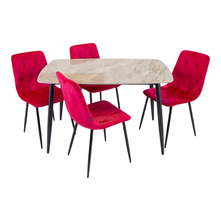 Set masa Viena cu 4 scaune Kobe visiniu, DENVER, blat ceramica sintered stone gri, picioare negre, forma dreptunghiulara, 120×80 cm