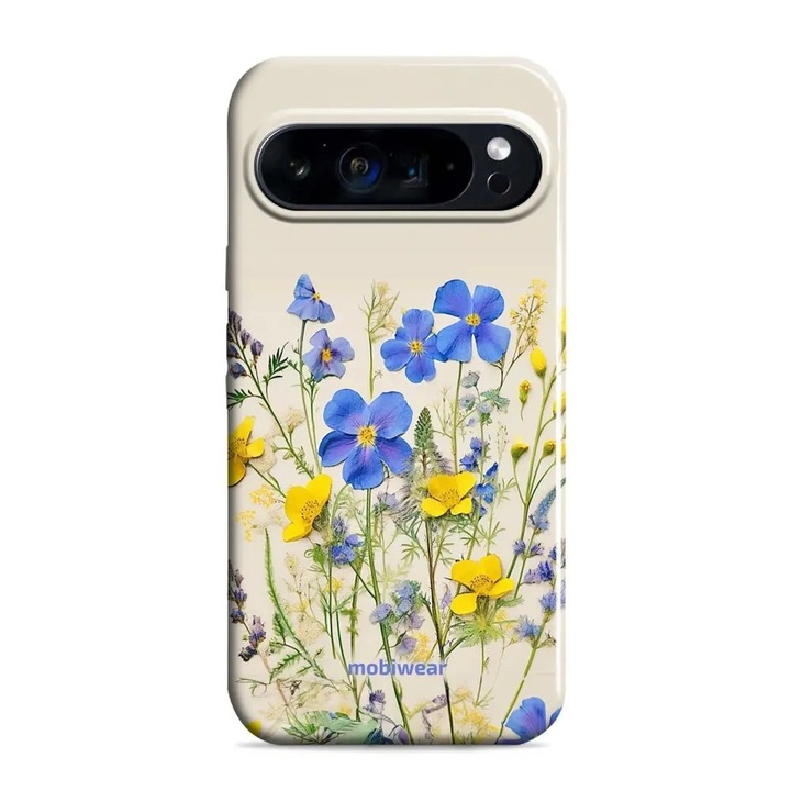 Husa rezistenta Mobiwear Elite Pro pentru Google Pixel 9 / 9 Pro, albastra cu flori, 2 straturi de protectie