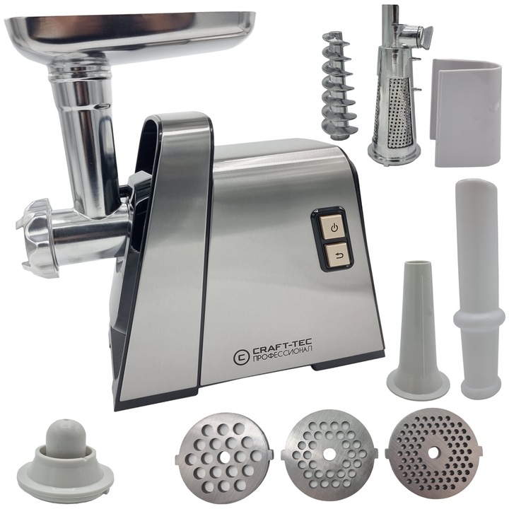 Месомелачка Craft-Tec®, неръждаема стомана 3800 W, меден мотор, реверсивна функция, 3 стоманени сита, аксесоари за домати, колбаси и кюфтета, здрав дизайн и максимална ефективност