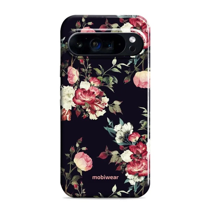 Husa rezistenta Mobiwear Elite Pro pentru Google Pixel 9 / 9 Pro, neagra, cu design floral, protectie dubla