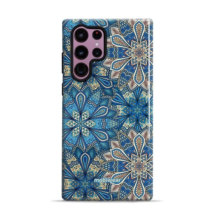 Устойчив калъф Mobiwear Elite Pro за Samsung Galaxy S22 Ultra, син, с флорален дизайн, двойна защита