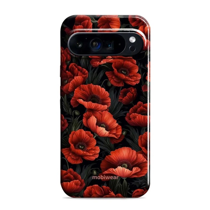 Husa rezistenta Mobiwear Elite Pro pentru Google Pixel 9 / 9 Pro, rosie, design cu flori, protectie dubla
