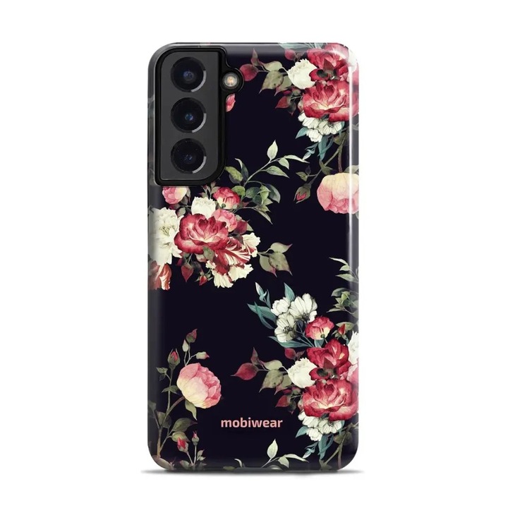 Carcasa rezistenta Mobiwear Elite Pro pentru Samsung Galaxy S22 Plus, neagra, cu design floral, protectie dubla