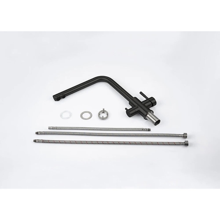 Két fogantyús konyhai csaptelep, rozsdamentes acél, csiszolt arany bevonat, hideg-meleg víz, munkalapra szerelés