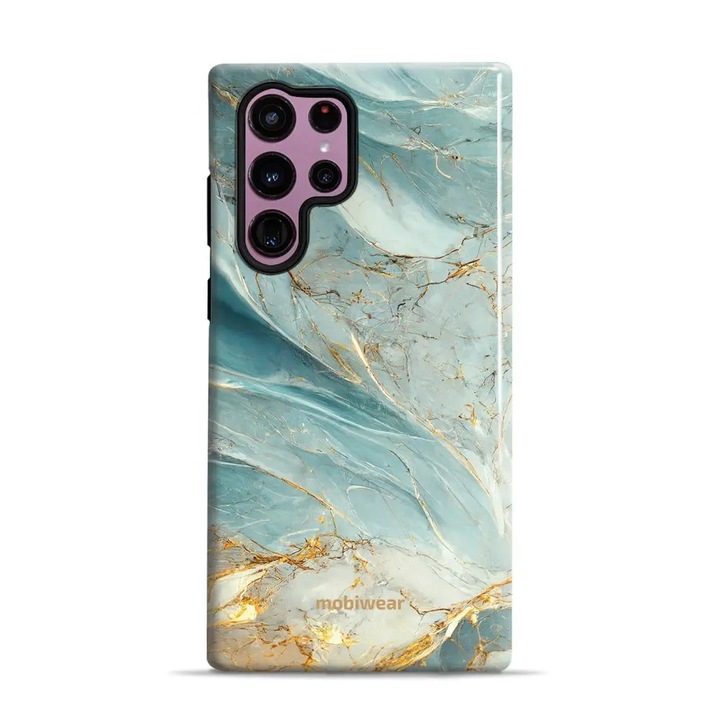 Удароустойчив калъф Mobiwear Elite Pro за Samsung Galaxy S22 Ultra, зелен мрамор и злато