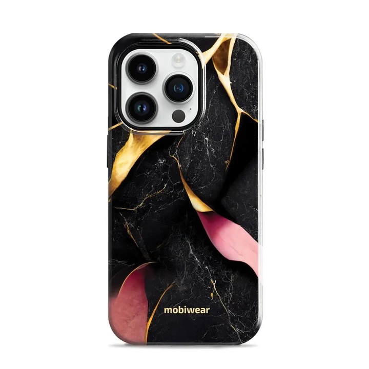 Husa rezistenta Mobiwear Elite Pro pentru Apple iPhone 14 Pro, marmora neagra si aurie, 2 straturi, protectie impotriva socurilor