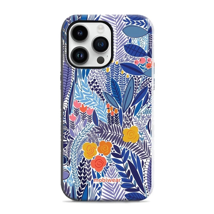Husa rezistenta Mobiwear Elite Pro pentru Apple iPhone 14 Pro Max, design floral, culoare albastra, material plastic si TPU