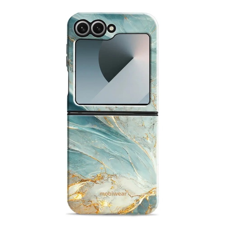 Удароустойчив калъф Mobiwear Elite Pro за Samsung Galaxy Z Flip 6, зелен и златен мрамор, стойка, удароустойчив, магнитно затваряне