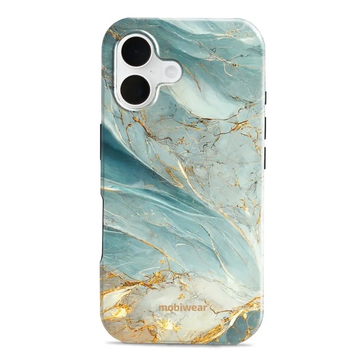 Mobiwear Elite Pro strapabíró tok Apple iPhone 16-hoz, zöld és arany márvány, 2 védőréteg