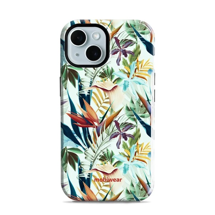 Carcasa rezistenta Mobiwear Elite Pro pentru Apple iPhone 15, verde, design cu flori, protectie dubla