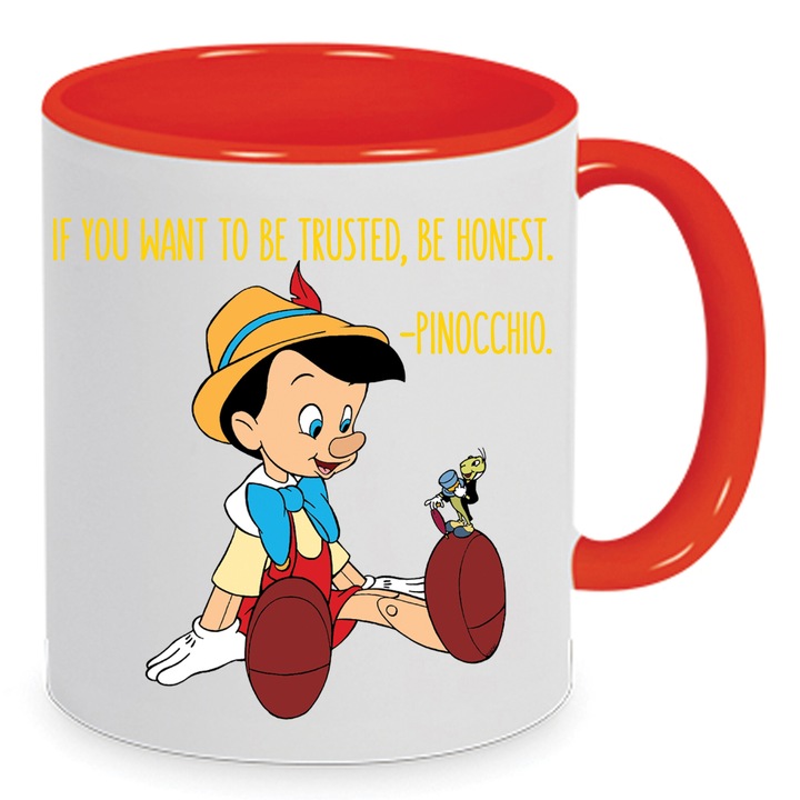 Чаша Пинокио №3, керамична, 330 мл, бяло-червена, тематичен дизайн