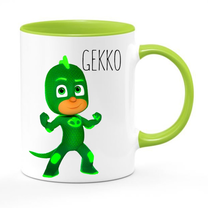 Cana ceramica Pj Masks Gekko 330ml, alb-verde, pentru copii